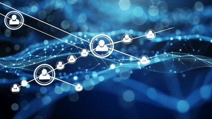 Fototapete - A vibrant display of interconnected lines and glowing points shows a digital network. Icons represent communication and data exchange, symbolizing technology's role in connectivity.