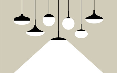 Wall Mural - collection of various hanging light fixtures one of which is glowing. illustration in a minimalistic