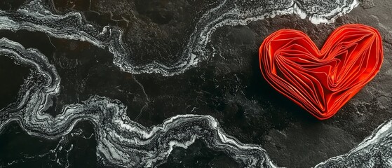 Sticker -  A red heart atop a black-and-white marble slab, near a flowing stream of water