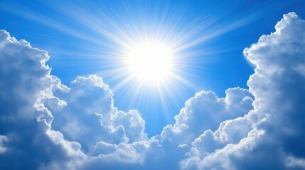 Wall Mural - bright rays of sunlight illuminate fluffy clouds against a vibrant blue sky, creating a serene dayti