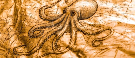  An octopus drawing appears against an ocean map backdrop on the paper