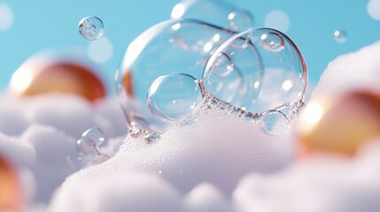 Poster - Vivid soap bubbles rise above soft foam, catching light and creating a playful atmosphere of freshness and cleanliness