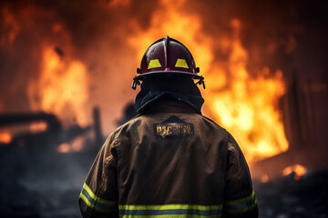 Wall Mural - AI generated photo of brave firefighter against the backdrop of a burning house