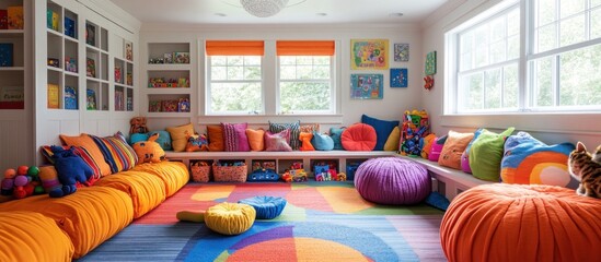 Wall Mural - A colorful playroom with a large orange beanbag chair, colorful pillows, and a rainbow rug. There are also shelves filled with toys and books on the walls.