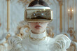 © Tetiana - Fashion model person wearing futuristic shiny glamorous VR goggles watching cyberpunk video, Generative AI