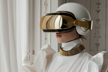 Poster - Fashion model person wearing futuristic shiny glamorous VR goggles watching cyberpunk video, Generative AI