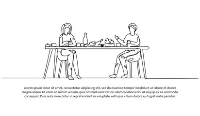 Wall Mural - Continuous line design of a man and woman are having dinner. Single line decorative element drawn on white.