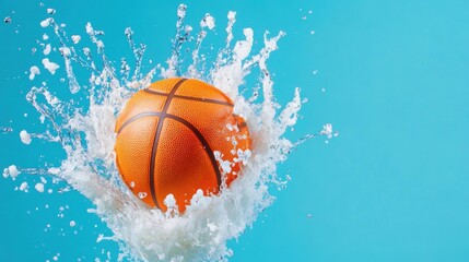 A basketball creates a dynamic splash as it hits water, set against a bright blue background, showcasing energy and motion.