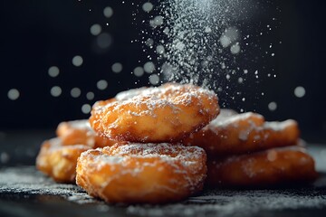 A stack of golden pastries dusted with powdered sugar against a dark background.