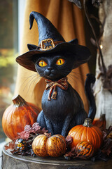 Black Cat with witch hat and pumpkin lanterns, autumn Halloween background
