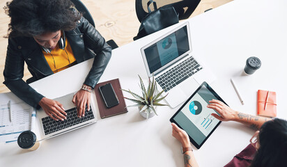 Poster - Business, people and finance with technology in coworking office for company performance, budget review or revenue chart. Digital financial planning, top view or data analysis with project management