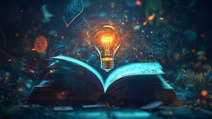 Poster - 3d illustration for World Intellectual Property Day featuring an open book with a glowing light bulb floating above it surrounded by various creative doodles symbolizing innovation and education
