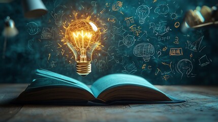 Poster - 3d illustration for World Intellectual Property Day featuring an open book with a glowing light bulb floating above it surrounded by various creative doodles symbolizing innovation and education
