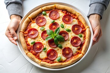 two hands holding spicy Italian traditional pizza with salami, mozzarella and basil