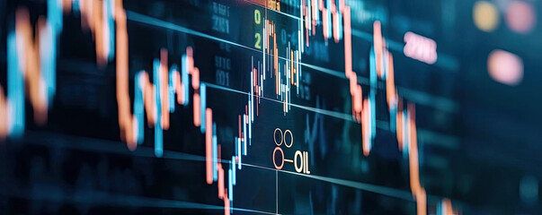 A digital display showing fluctuating global oil prices, with stock market charts and oil symbols, symbolizing the volatility of oil in the global economy