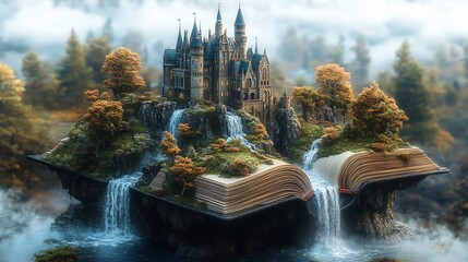 Poster - 3d illustration of a grand castle emerging from an open book with waterfalls flowing from the pages surrounded by enchanted trees and mythical creatures evoking the magic of World Book Day