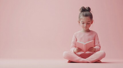 Poster - 3d rendering of a little girl sitting crosslegged reading a book on a minimalistic soft pastel background with clean lines and space for text celebrating World Book Day with a peaceful atmosphere