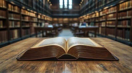 Poster - 3d rendering of an open book in focus placed on a library table with blurred shelves of books in the background symbolizing learning and discovery on World Book Day in a peaceful environment