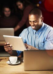 Poster - Coffee shop, happy and business black man on tablet at night for website, research and online project. Corporate, working late and person on digital tech and laptop for review, internet and proposal