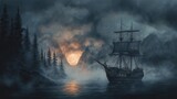 Mysterious ship sails through foggy waters, illuminated by a glowing moon, surrounded by dark trees and misty mountains.