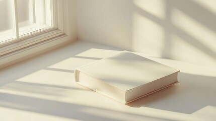Poster - 3d World Book Day concept with a closed book resting on a minimalistic lightcolored background soft shadows and space for text evoking calm and focus on the written word
