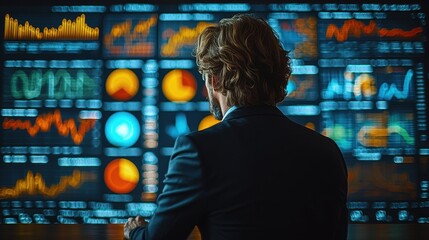 Businessman in a suit analyzing financial charts and graphs on a digital screen, focusing on business performance and market trends.