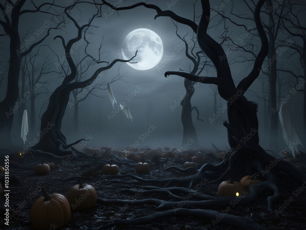 A spooky Halloween scene set in a dark, fog-shrouded forest. A large ...