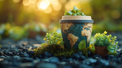 Fototapete - Beautifully designed coffee cup with Earth Day motifs surrounded by small potted plants and greenery This image represents the importance of environmental protection and conservation efforts
