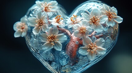 Poster - Beautifully detailed heart organ with delicate flowers blossoming from its surface symbolizing the transformation of health and life AIgenerated 3D illustration with a modern sleek design