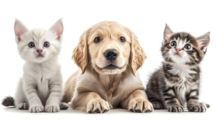 Poster - Adorable Golden Retrievers & Kittens on White Background Generative AI