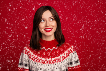 Wall Mural - Portrait of positive cheerful cute optimistic woman with bob hairdo wear red sweater look empty space isolated on red color background