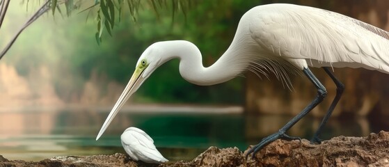  A large white bird and a small one perch side by side on a rock by a body of water Behind them, trees extend against the backdrop