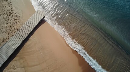 Canvas Print - An aerial view of a wooden dock extending into the ocean on a sandy beach, with waves washing ashore.