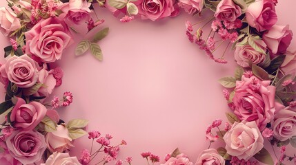 Canvas Print - A border of pink roses and small flowers surround a blank pink background.