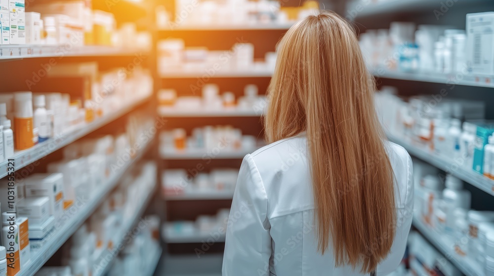 A pharmacist reviews shelves filled with various medications in a well-organized pharmacy.