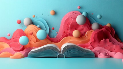 Fototapete - Bold gradient abstract 3D illustration celebrating World Book Day showcasing an imaginative book with dynamic shapes and vibrant colors set against a calm minimalistic background