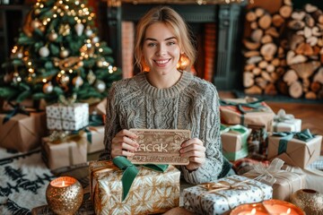 A woman smiles joyfully while holding a gift surrounded by festive decorations on Christmas morning in a cozy living room