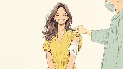 smiling woman receiving a vaccination in a healthcare setting