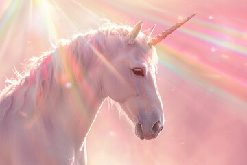 Fantastically beautiful mythological pink unicorn with long horn