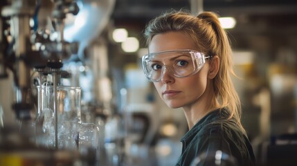 A portrait of a young female scientist in a laboratory, showcasing her focus and determination. She wears safety glasses and works with scientific equipment, emphasizing education and research.