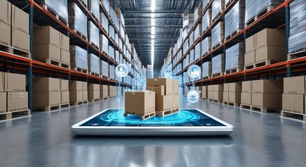 Smart warehouse management system using augmented reality technology to identify package picking and delivery. Future concept of supply chain and logistic business, An abstract digital background