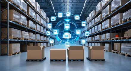 Smart warehouse management system using augmented reality technology to identify package picking and delivery. Future concept of supply chain and logistic business, An abstract digital background