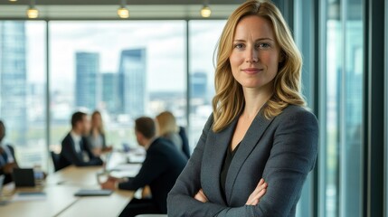 A confident European woman poses in a tailored outfit within a modern office setting, embodying professionalism and success in a corporate environment.