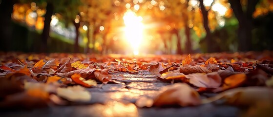 Wall Mural -  The sun filters through the tree leaves in the park, scattering them on the ground along with fallen foliage