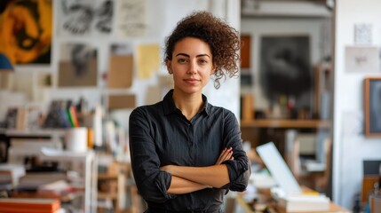 A focused young European female worker stands confidently in a creative studio. 