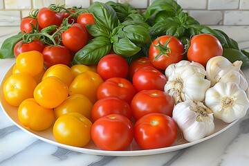 Fresh tomatoes, basil, and garlic arranged on a plate in a bright kitchen, ideal for a summer cooking experience