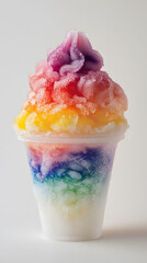 Colorful rainbow shaved ice treat, vibrant layers of flavor, refreshing dessert, served against a clean white backdrop