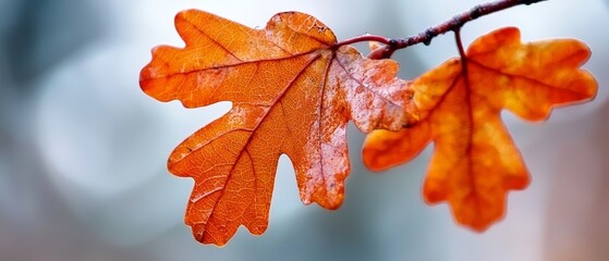 Wall Mural -  A tight shot of a tree leaf, studded with water droplets, against a softly blurred branch and background