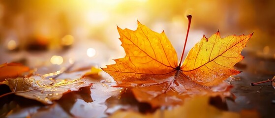 Wall Mural -  A tight shot of a wet leaf on the ground, with water droplets clinging to its surface, and the sun casting rays behind