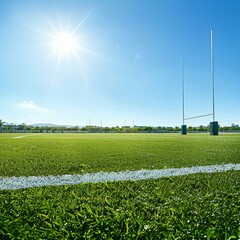 a wide shot of a vibrant green rugby field with white lines, under a clear blue sky, showcasing goal